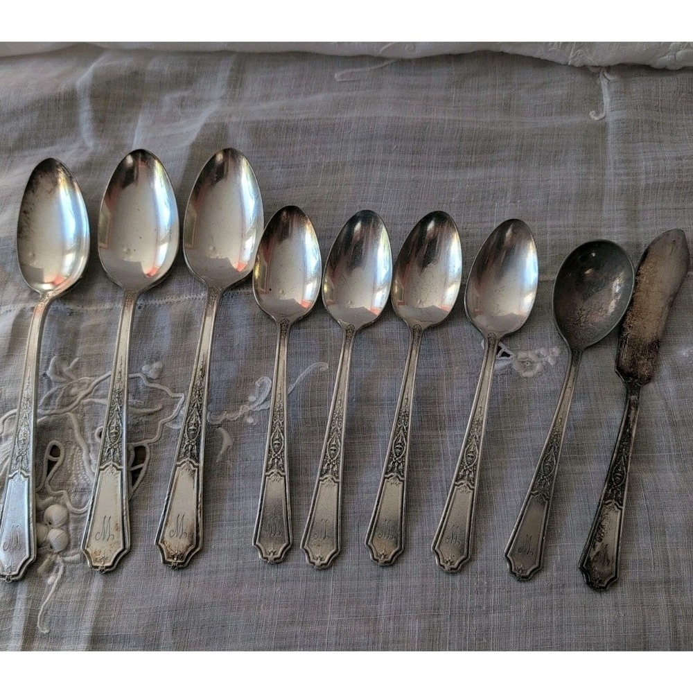 1847‎ ROGERS BROS Ancestral Silverplate Flatware 8 Spoons 1 Butter Monogram W/M